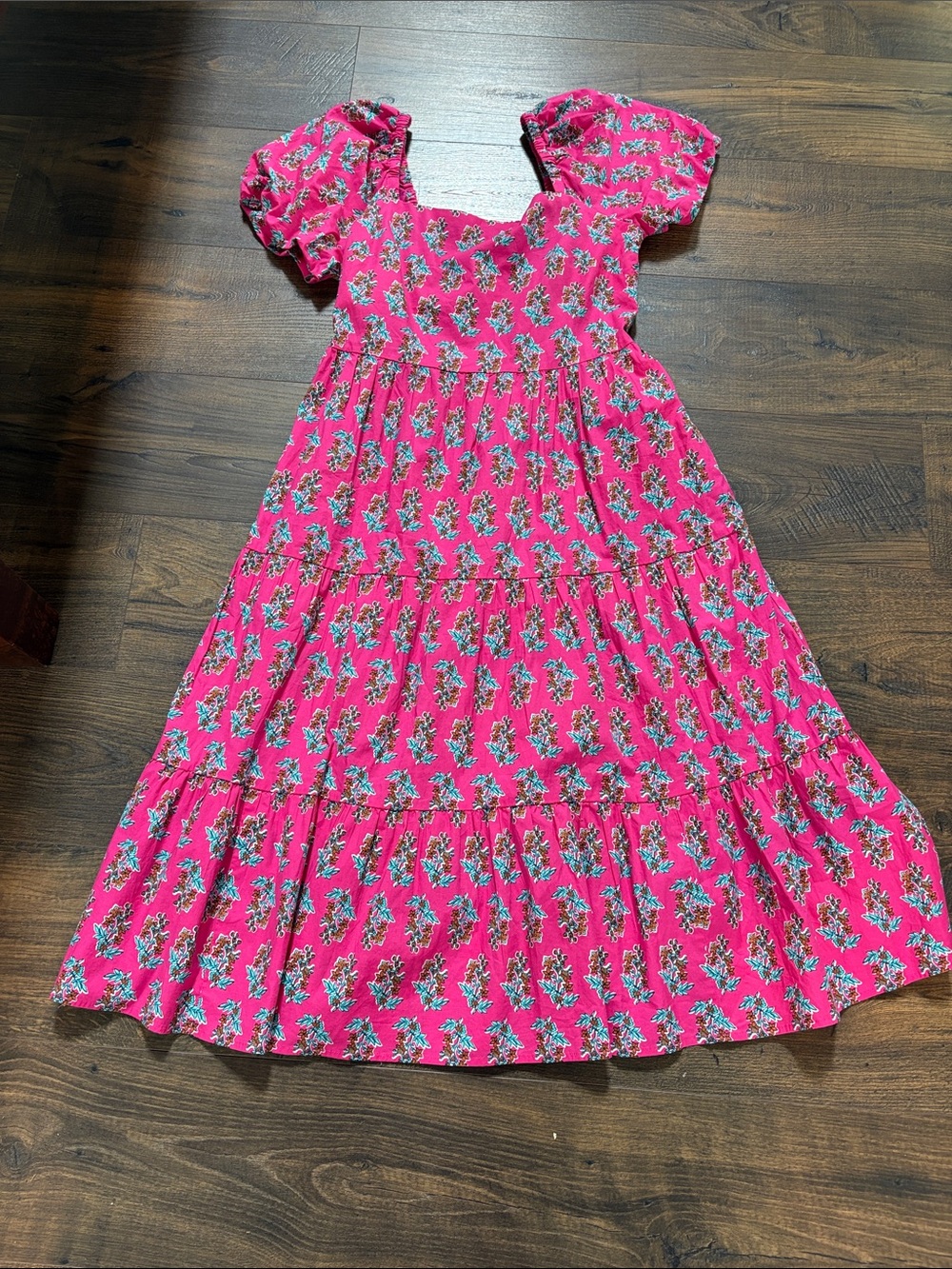 J. Crew Factory Bright Pink Floral Puff-Sleeve Tiered Dress